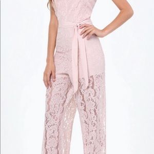 BEBE Halter lace sheer illusion jumpsuit